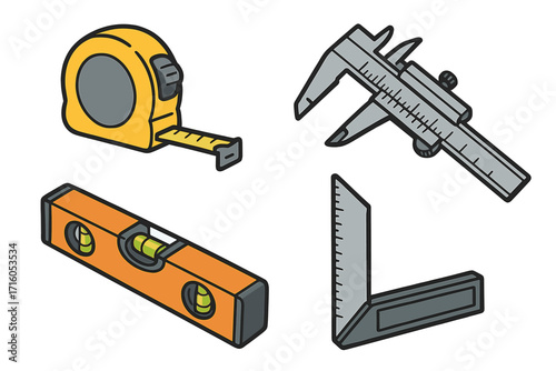Measuring tools vector icon set. Cartoon illustration of construction, carpentry, and engineering equipment. Includes tape measure, caliper, spirit level, and try square.
