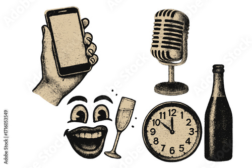 Vector illustration set for New Year's Eve karaoke party. Retro grunge halftone collage elements: microphone, singing face, clock at midnight, champagne, and hand with phone.