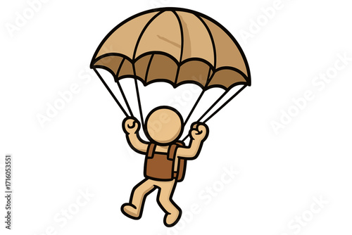 Parachuting papercraft cartoon character. Skydiver flying. Extreme sport adventure concept. Skydiving man descending with parachute. Freedom and risk metaphor vector icon.