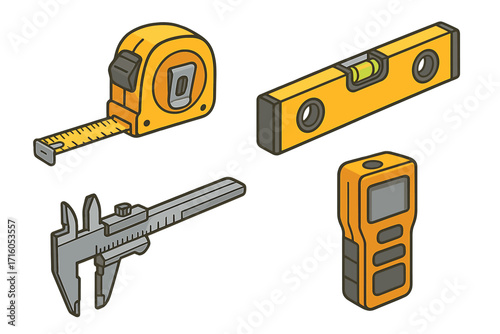 Hand-held measurement tools vector icon set. Tape measure, spirit level, caliper, and laser distance meter for construction, engineering, and DIY. Precision instruments.