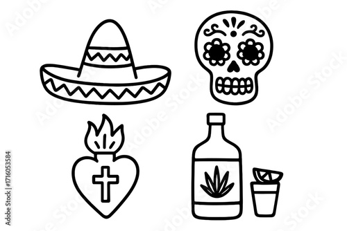 Mexican culture icons set. Line art symbols for Cinco de Mayo, Dia de los Muertos. Sombrero hat, sugar skull calavera, sacred heart, tequila bottle vector collection.