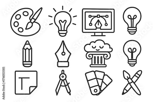 Creative process and graphic design line icon set. Vector art tools for drawing, painting, and digital illustration. Lightbulb for idea, pen, pencil, and color palette symbols.
