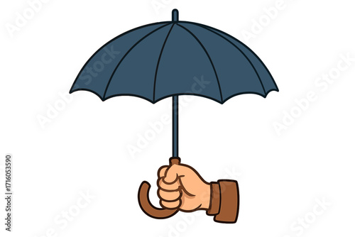 Hand holding an open umbrella. Concept of protection, insurance, safety, security, care, and support. Vector illustration for business, finance, weather, rain, and forecast.