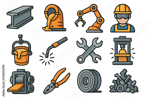 Heavy industry and steel manufacturing icon set. Vector symbols for metallurgy, metalworking, factory work, automation, engineering, and construction process concepts.