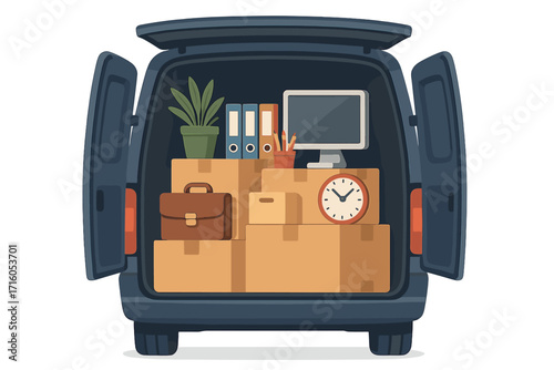 Office moving concept. Open trunk of van with things in cardboard boxes. Corporate relocation. Unloading truck with computer, plant, folders. Business delivery service.