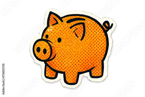 Piggy bank pop art vector illustration. Halftone collage sticker with torn paper. Vintage grunge element for finance, savings, and investment concepts. Cartoon money box.