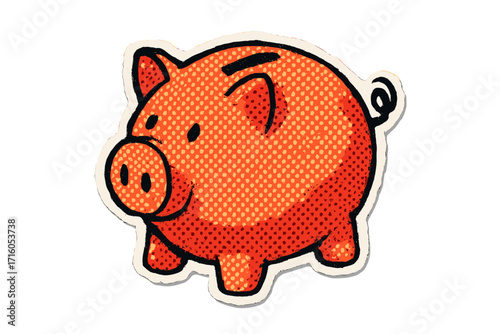 Pop art piggy bank vector illustration in halftone dot style. Financial savings concept. Investment, economy, wealth symbol. Vintage grunge torn paper sticker cartoon element.