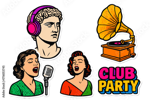 Pop art collage set with antique statue in headphones, retro gramophone, and vintage singer. Vector sticker pack for club party poster or magazine. 80s, 90s psychedelic music theme.