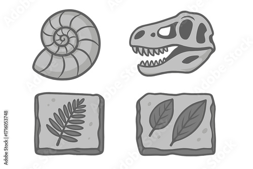 Prehistoric fossils set with ammonite shell, dinosaur skull, and ancient leaf imprints. Paleontology and archeology vector icon collection in monochrome style for design.