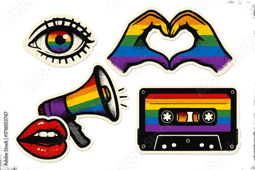Pride month sticker set in retro punk grunge style. Halftone collage with rainbow eye, heart hands, lips, megaphone, cassette. LGBTQ concept for equality, love and protest.