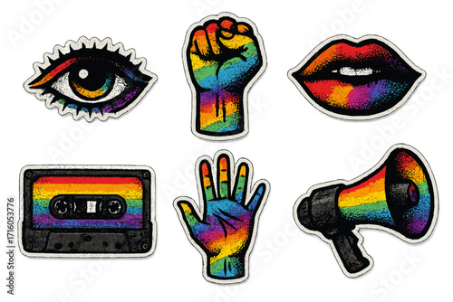 LGBTQ pride month vector sticker set. Grunge halftone rainbow icons for gay queer community. Protest fist, eye, lips, megaphone symbols for equality and human rights.
