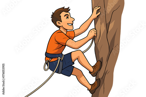 Happy man rock climbing on a cliff face. Vector cartoon illustration of a young male climber character on a mountain. Outdoor adventure sport, active lifestyle concept design.