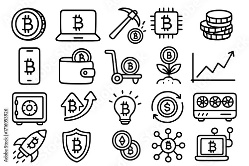 Bitcoin and cryptocurrency line icon set. Blockchain technology for digital finance. Vector collection of crypto mining, trading, investment, and security symbols. Digital money.