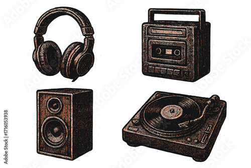 Y2k grunge music collage set. Retro disco audio equipment with headphones, tape recorder, speaker. Vintage punk halftone texture. Dotted vector illustration for magazine design.