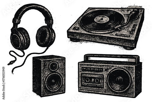 Y2K grunge music collage set. Retro disco elements like headphones, tape player, speaker. Vintage punk halftone dot texture for zine or magazine layout. 90s nostalgia concept.