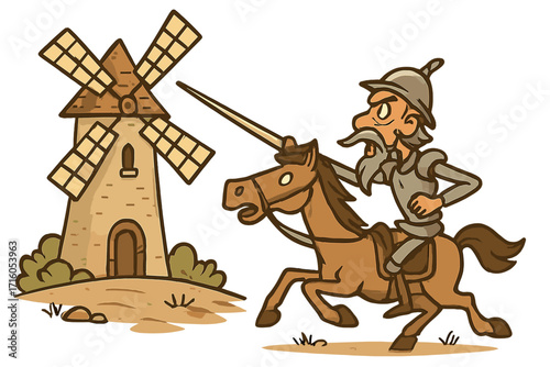 Don Quixote attacking a windmill on his horse Rocinante. Famous scene from Cervantes' novel. Metaphor for fighting imaginary enemies, hopeless battles, and idealism.