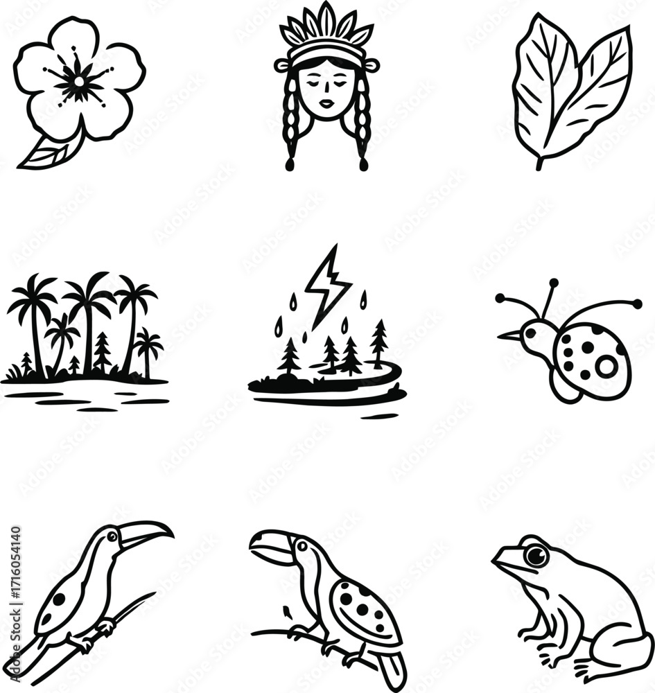 Fototapeta premium Nature flora fauna doodle vector illustration collection tropical elements design graphics drawing art