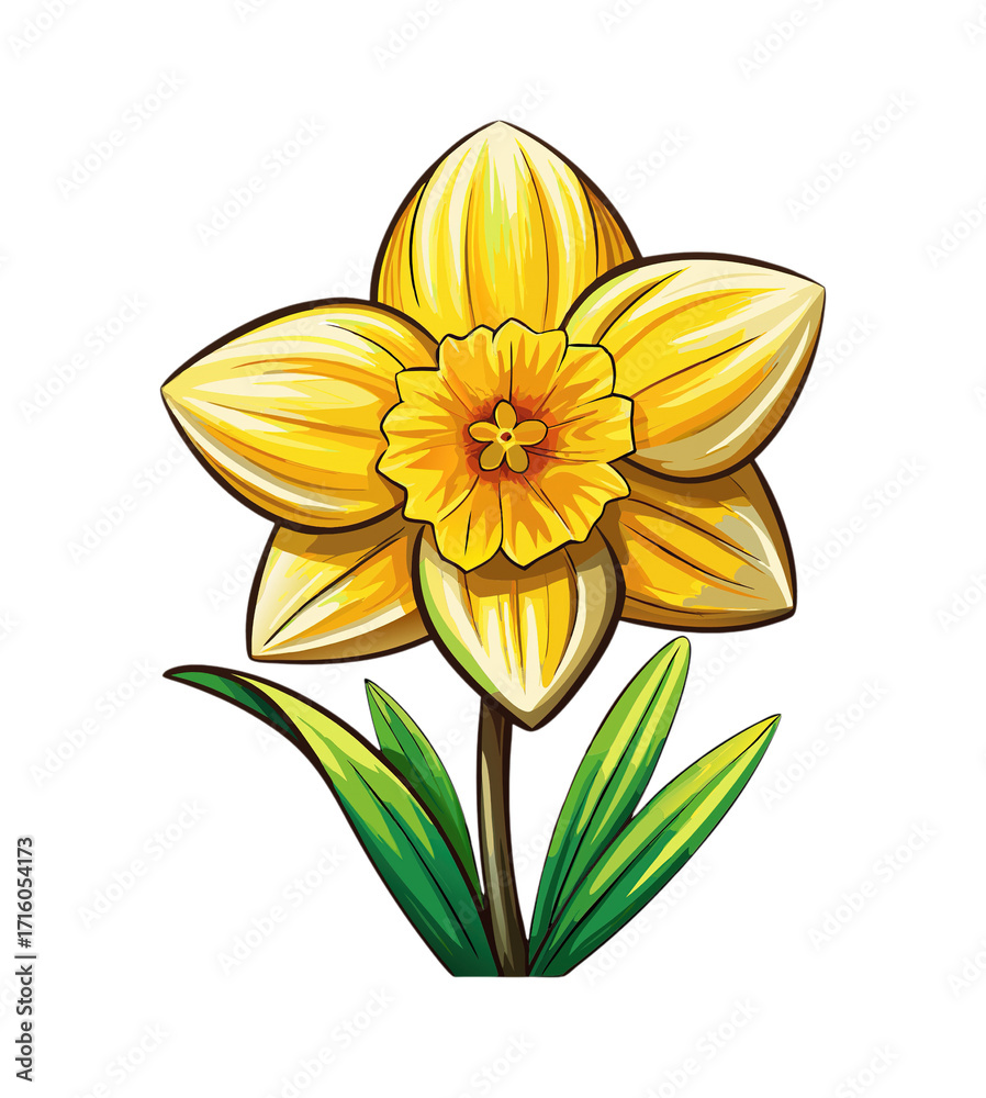 Obraz premium Illustration of a vibrant yellow daffodil flower with green leaves and stem