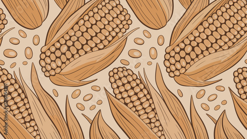 A repeating pattern of corn cobs with husks and scattered kernels on a light brown background design
