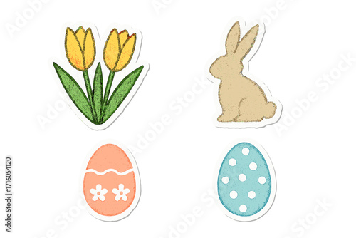 Easter sticker set collection. Minimal collage of traditional elements with tulips, paper bunny, painted eggs with ornament. Halftone artwork for april holiday design.