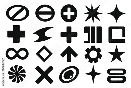 Minimalist brutalist design elements set. Y2K futuristic shapes, figures and stars. Collection of neomodern geometric symbols for graphic design assets and abstract stickers.