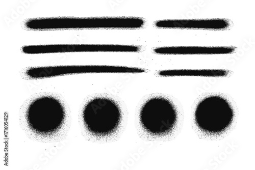 Set of black spray painted lines and grunge dots. Aerosol paint splatter circle shapes, urban graffiti drawing strokes. Dirty street art texture for design and illustration.