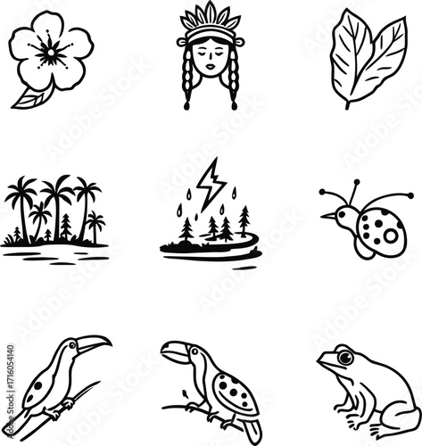 Nature flora fauna doodle vector illustration collection tropical elements design graphics drawing art