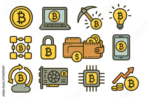 Bitcoin cryptocurrency icon set. Digital money concept. Blockchain technology, crypto mining, finance, and investment symbols. Fintech vector illustration with wallet and GPU.