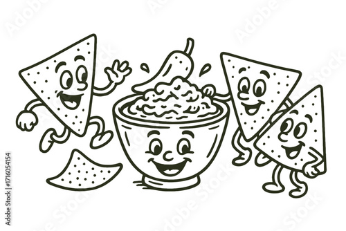 Nachos characters retro cartoon mascot. Mexican food party. Funny tortilla chips with salsa dip bowl. Spicy chili sauce. Hand drawn contour vector for fast food menu.