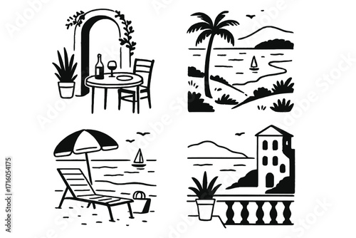 Italian summer vacation posters set. Vector Mediterranean coast scenes in minimal ink hand drawn style. Sea vibe, beach rest & romantic weekend travel graphic elements.