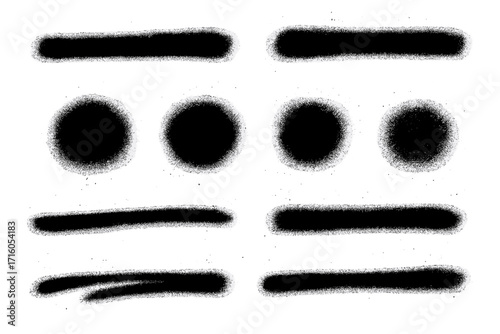 Spray painted lines and grunge dots set. Paint splatter circle shapes and urban graffiti strokes. Dirty street art texture. Black dot print, splattered line vector elements.