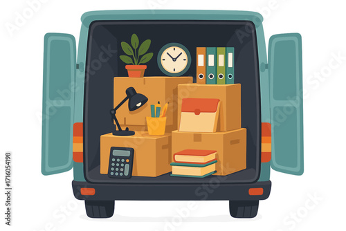 Corporate moving concept. Open trunk of a van with office supplies in cardboard boxes. Business relocation service. Unloading or loading truck. Moving to a new office.