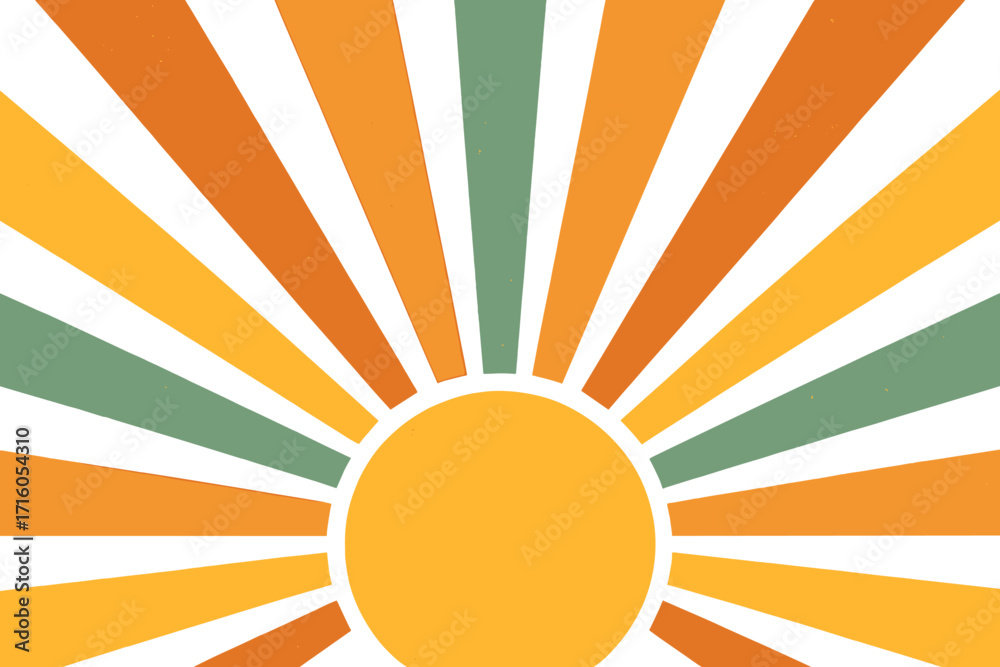 Retro sunburst background. 70s vintage sunbeam pattern. Groovy summer backdrop with sunrise rays. Abstract geometric starburst illustration. Hippie aesthetic design texture.