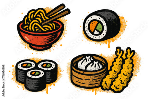 Set of Asian food elements in urban graffiti style. Noodle bowl, sushi rolls, dim sum, and tempura shrimp. Textured spray paint vector illustration. Street food concept.