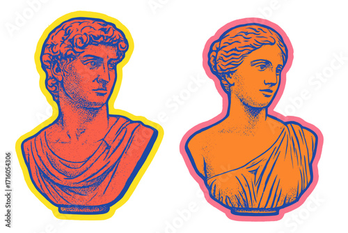 Retro 90s pop art illustration of antique Greek statue busts. Ancient god and goddess sculptures with duotone halftone effect. Funky vintage vector sticker set for design.