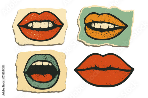 Pop art mouths collage. Halftone lips on torn paper scraps. Retro comic style smile, shout expressions. Vector sticker set for zine, scrapbook, communication, gossip concept.