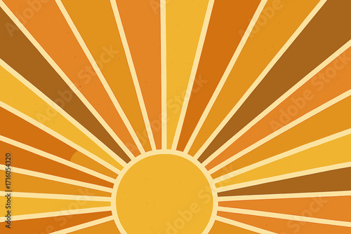 Retro sunburst background with sun rays in a groovy 70s style. Vintage sunrise backdrop with a flat geometric sunbeam illustration. Aesthetic starburst pattern for summer.
