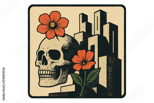 Retro futuristic poster with skull, flower, and brutalist city buildings. Abstract neo-brutalism concept of life and death. Urban nature contrast. Memento mori vector art.