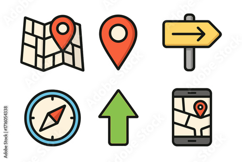 Location and navigation icons set for maps and travel. Vector cartoon illustration includes map pin, destination marker, direction sign, compass, and phone GPS for route finding.