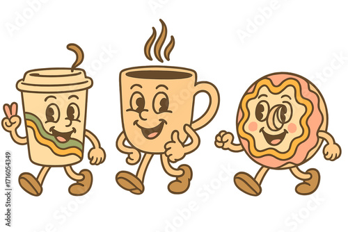 Retro groovy coffee character mascot set. Vintage 60s 70s cartoon walking paper cup, mug and donut. Happy breakfast friends. Cute comic vector illustration collection.