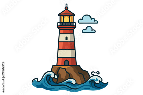 Lighthouse on a rock in the sea with waves. Vector cartoon illustration. Nautical marine symbol for safety, guidance, and navigation. Coastal beacon tower icon design.