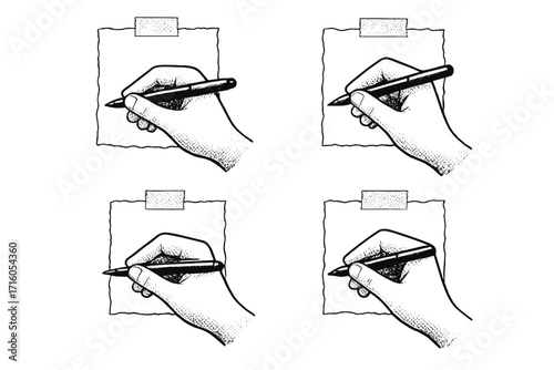 Hand writing note with pen on paper. Set of halftone vector illustrations. Concept for signature, contract, message, list, memo, study, author, journalist. Retro sketch style.