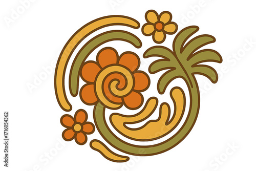 Retro groovy 70s floral print. Round spiral flower and boho palm leaf in a wavy, naive style. Organic shape concept for tshirt, poster, or packaging. Botanic flat vector.