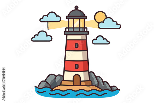 Cartoon lighthouse vector illustration. Red and white striped beacon on a rocky coast. Maritime navigation and sea travel safety symbol. Coastal landscape with sun and clouds.