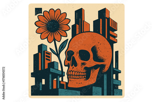 Retro futuristic poster with skull, flower and brutalist city. Abstract life and death metaphor. Dystopian urban decay and nature's hope. Neo-brutalism print with grunge texture.
