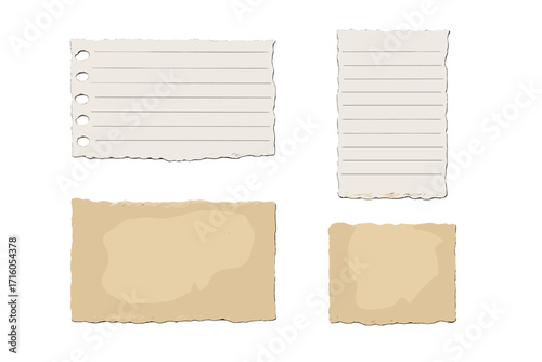 Set of realistic torn paper scraps. Ripped notebook sheets and old vintage parchment pieces. Grunge texture elements for collage, scrapbooking or design. Note vector set.