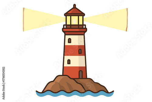 Lighthouse on a rocky island. Vector cartoon illustration for nautical and maritime themes. Beacon of hope, guidance, and safety. Navigation symbol on the sea coast.