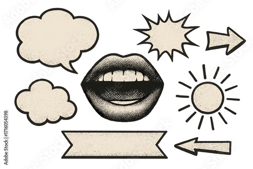Retro halftone collage elements for mixed media design. Vintage mouth, comic speech bubbles, arrows, sun. Vector cartoon illustration set with grainy texture for scrapbooking.