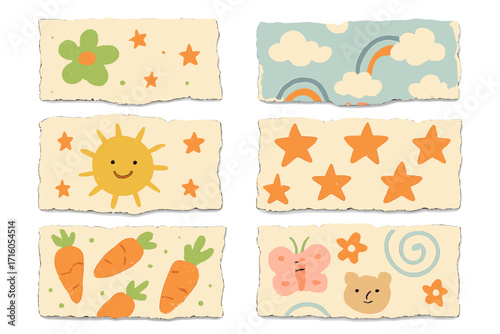 Vintage ripped paper set for collage and scrapbooking. Vector collection of torn paper notes with childish doodles. Cute sun, stars, carrots, bear, butterfly illustration.