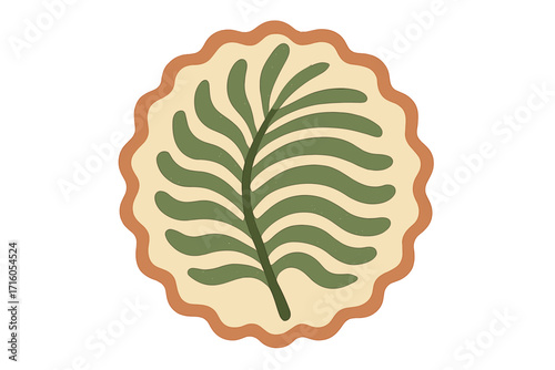 Groovy naive palm leaf composition in a round wavy frame. Boho plant illustration. Floral botanic hand drawn design for vintage wall art print. Tropic summer decor flat vector.